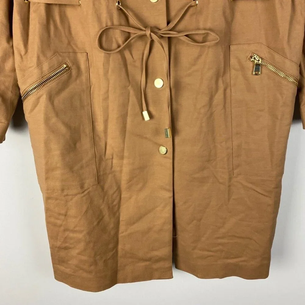 Chicos Drawstring Duster Jacket Womens 2P US PL Brown Sugar Snap Button Pockets - Picture 3 of 10
